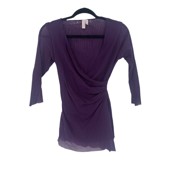 Sweet Pea Top  by Stacy Frati Sheer Deep Ruched Wrap Purple 3/4 Sleeves  Size M - Picture 2 of 7